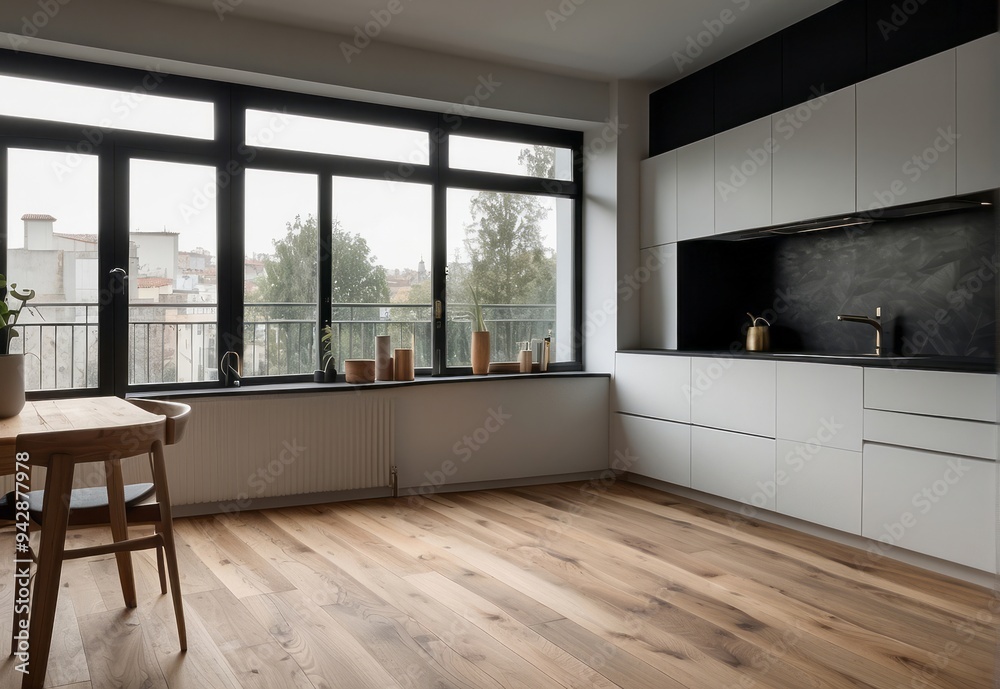 Fototapeta premium Modern Kitchen Interior with Large Window and Wooden Floor