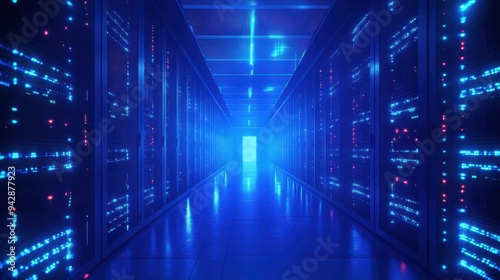 Blue Illuminated Server Room with Glowing Lights and Empty Pathway.