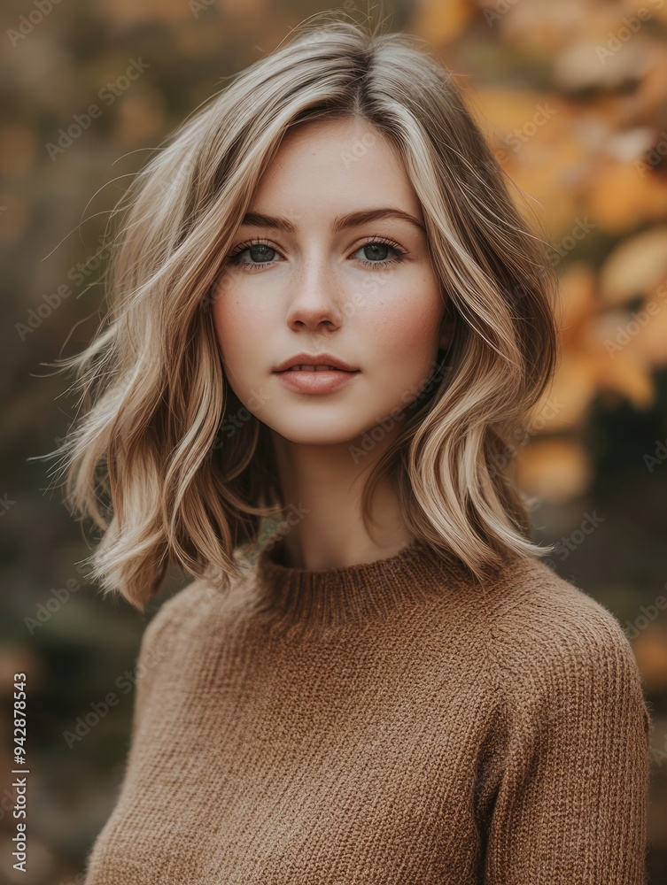 Autumn portrait of a young woman with long wavy hair sitting by a window surrounded by fall foliage and warm light in a cozy setting Autumn portrait of a young woman with long wavy hair sitting by a window surrounded by fall foliage and warm light in a cozy setting