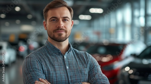 A man is standing in a car showroom, wearing a blue shirt and a beard