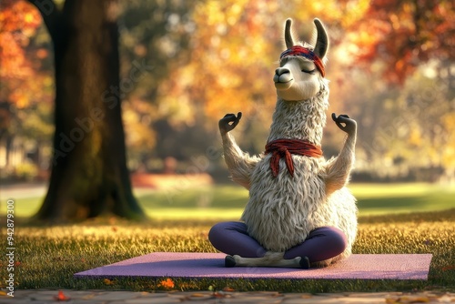 Yoga Llama: A llama in yoga pants and a headband, performing a yoga pose on a mat in a serene park photo