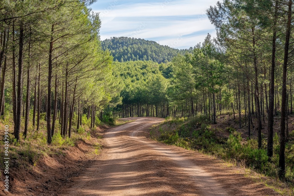 Gravel road in pine forest, rustic and rural charm Gravel road in pine forest, rustic and rural charm