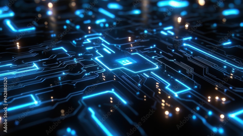 Obraz premium Abstract Futuristic Circuit Board with Glowing Blue Lines and Orange Lights