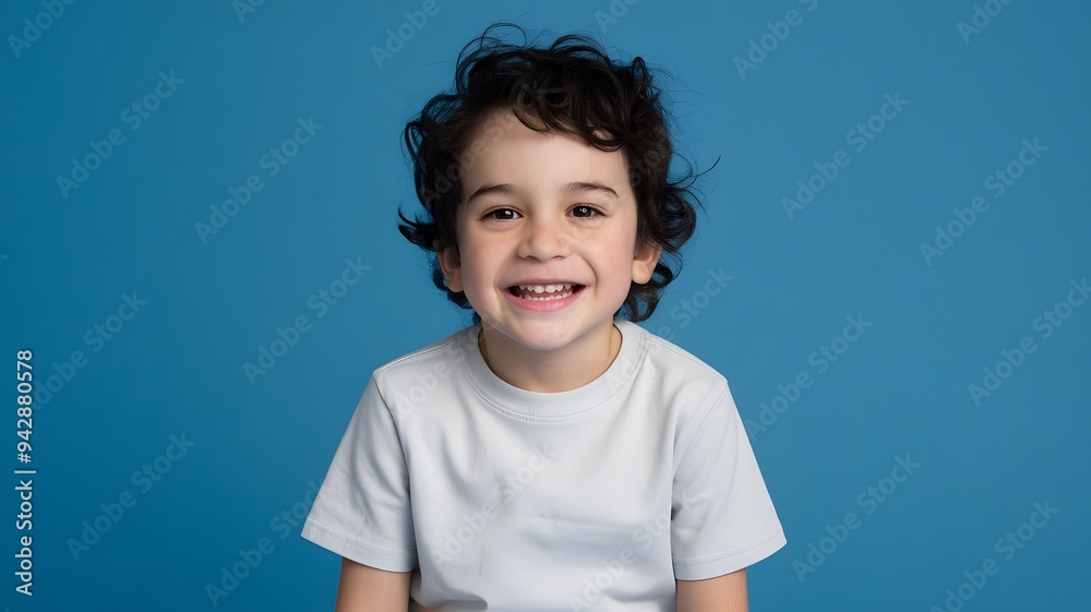 Studio Portrait of Smiling Young Boy with Curly Dark Hair Against Blue Background Studio Portrait of Smiling Young Boy with Curly Dark Hair Against Blue Background