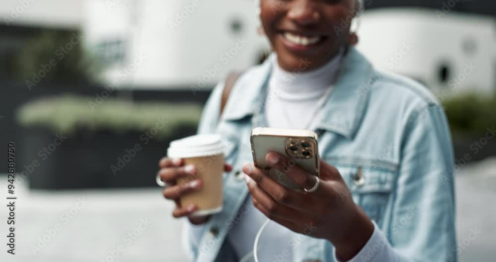 Black woman, laughing and walking with phone in hand for funny notification and social media joke. Music, person and earphones in road for podcast, streaming subscription or happy outdoor with coffee Black woman, laughing and walking with phone in hand for funny notification and social media joke. Music, person and earphones in road for podcast, streaming subscription or happy outdoor with coffee