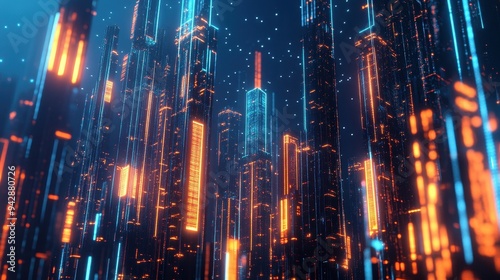 Abstract Futuristic Cityscape with Neon Lights and Glowing Towers - Cyberpunk Background