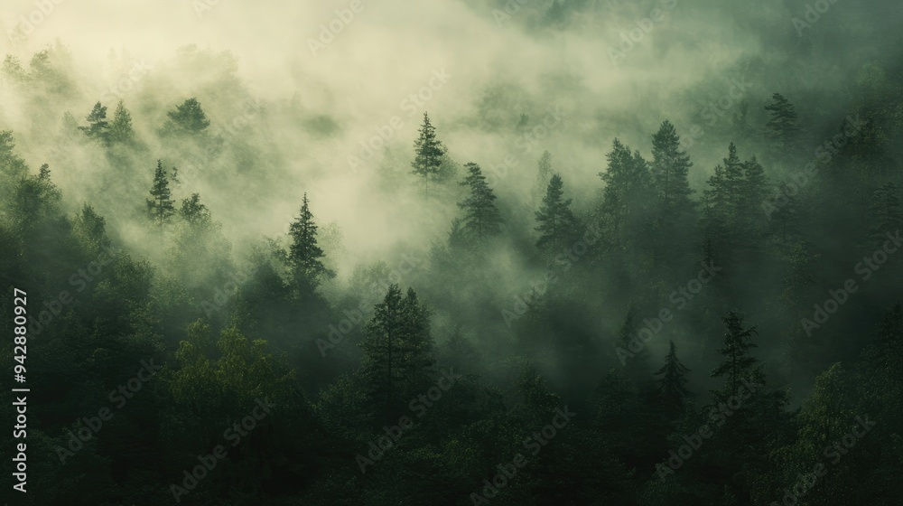 A sweeping view of a misty forest in the early morning light, leaving ample space for text. Perfect for nature, mystery, or tranquility themes. A sweeping view of a misty forest in the early morning light, leaving ample space for text. Perfect for nature, mystery, or tranquility themes.