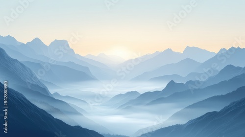 A sweeping view of a misty mountain valley at dawn, leaving room for text in the sky. Perfect for nature, tranquility, or adventure themes.