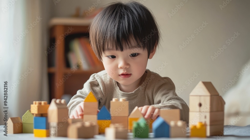 Close-up photo of a young child who is focused and focused on the activity in front of him. Child development, clear background. Close-up photo of a young child who is focused and focused on the activity in front of him. Child development, clear background.