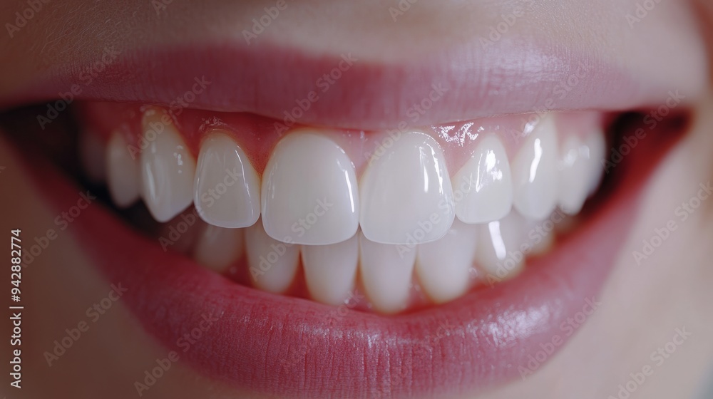 Obraz premium Woman is smiling showing her healthy white teeth and gums