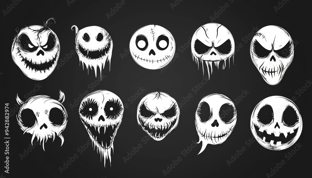 Black and white vector design of Halloween face icons with chilling eye and mouth details. Black and white vector design of Halloween face icons with chilling eye and mouth details.
