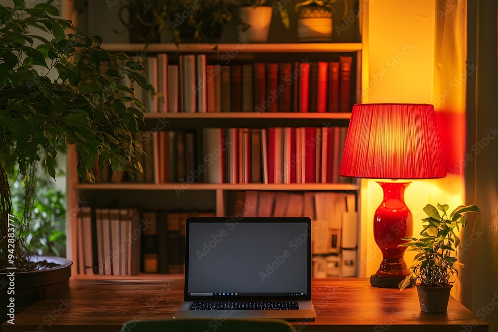 laptop on desk, bookcase in the background, red lamp and green plant, cozy home office laptop on desk, bookcase in the background, red lamp and green plant, cozy home office