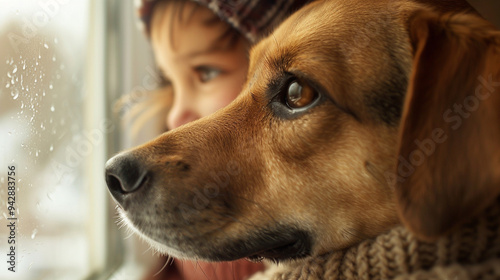 A close-up shot of the dogâs nose and eyes as it looks out the window, with a child smiling in the background. photo