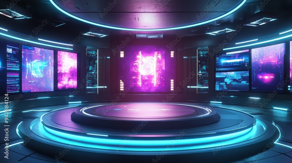 Futuristic Sci-Fi Room with Neon Lights and Screens - 3D Rendering. Futuristic Sci-Fi Room with Neon Lights and Screens - 3D Rendering.