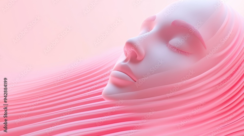 A woman's face is shown in a pink background with a long, flowing hair. Concept of relaxation and tranquility, as the woman is sleeping or resting A woman's face is shown in a pink background with a long, flowing hair. Concept of relaxation and tranquility, as the woman is sleeping or resting