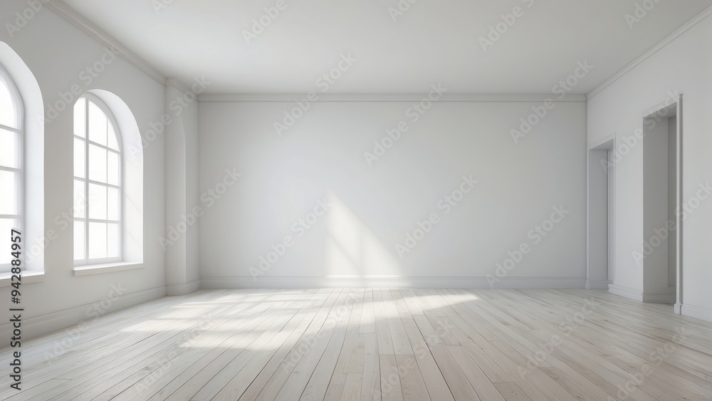 Fototapeta premium Empty White Room with Arched Windows and Wooden Floor