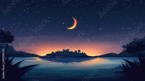 Night Sky with Crescent Moon Over Tropical Island and Calm Water