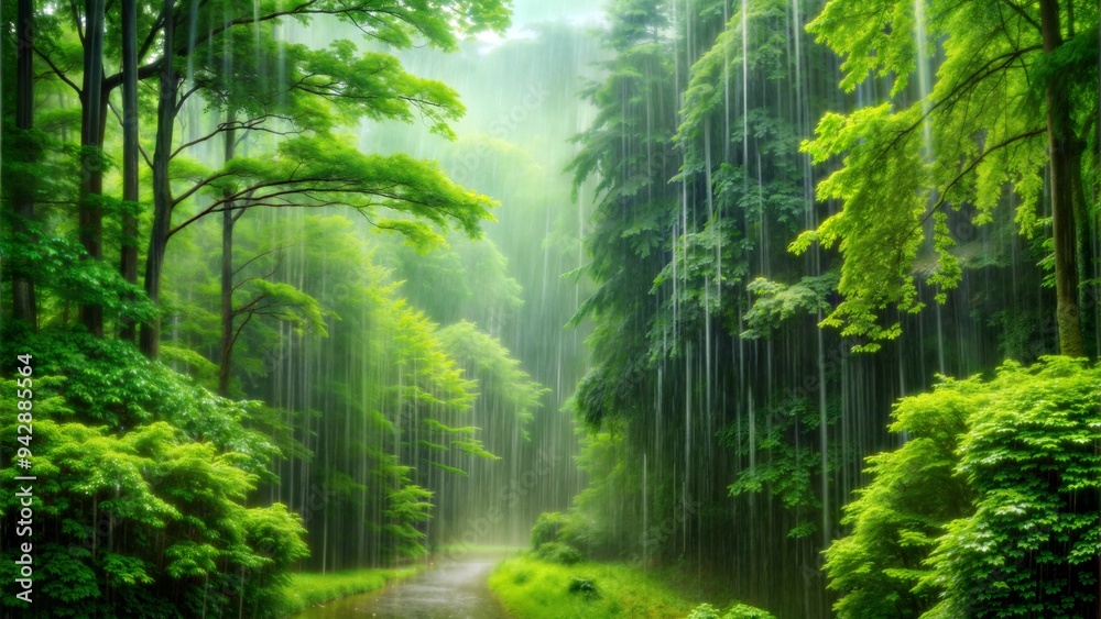 Obraz premium Gentle rain falling on a lush green forest, peaceful weather, nature's tranquility
