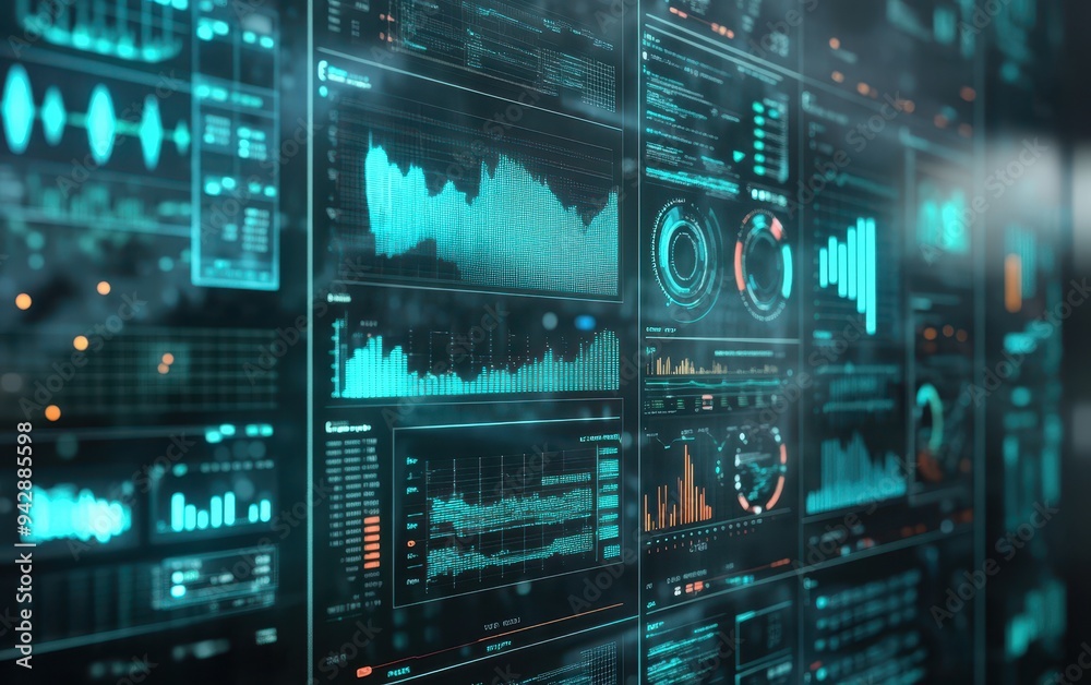 Futuristic Digital Data Display with Graphs and Charts - Tech Background. Futuristic Digital Data Display with Graphs and Charts - Tech Background.
