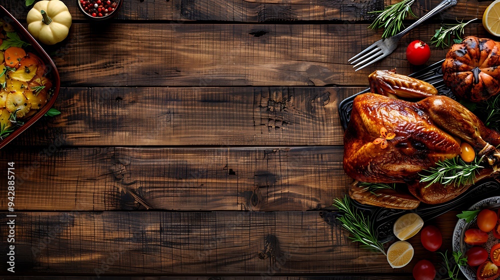 Thanksgiving Feast: Roasted Turkey, Potatoes and Vegetables on a Rustic Table