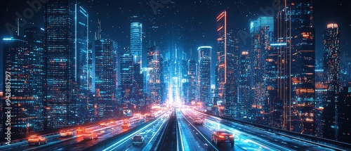 Wallpaper Mural Futuristic Neon Cityscape at Night with Glowing Skyscrapers and Transportation Torontodigital.ca