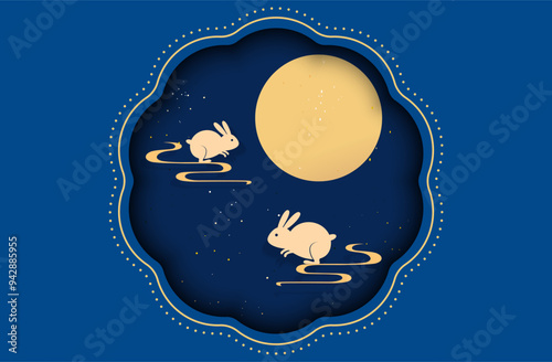 Mid-Autumn Festival vector illustration, full moon and jade rabbit
