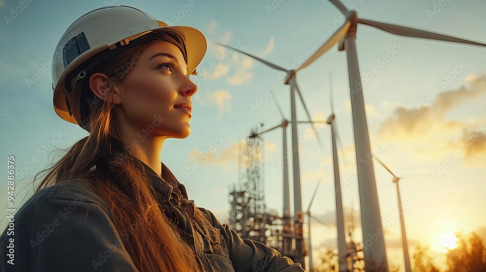 Wind turbine engineer, inspecting towering turbines at sunrise, intricate machinery details, golden sky hues, watercolor style Wind turbine engineer, inspecting towering turbines at sunrise, intricate machinery details, golden sky hues, watercolor style