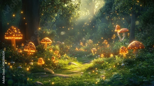 Enchanting Glowing Mushroom Forest Path - Magical Fantasy Nature Illustration