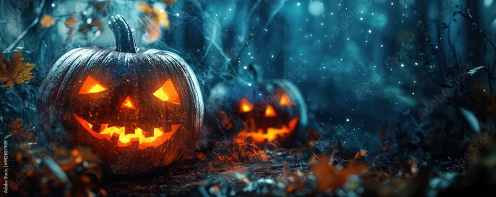 Dark Halloween woods illuminated by mysterious glowing pumpkins. Dark Halloween woods illuminated by mysterious glowing pumpkins.