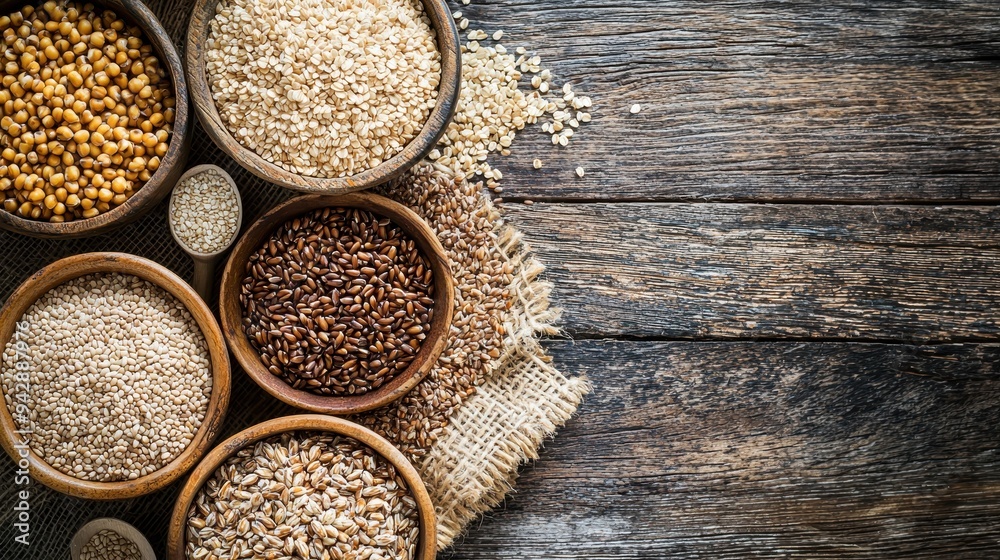 Assortment of Healthy Grains and Seeds on Rustic Wooden Background Assortment of Healthy Grains and Seeds on Rustic Wooden Background
