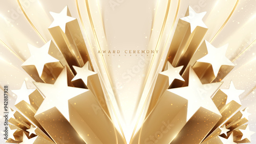Elegant Gold Award Ceremony Backdrop with 3D Golden Stars Decoration and bokeh. Luxury Background. Vector Illustration.