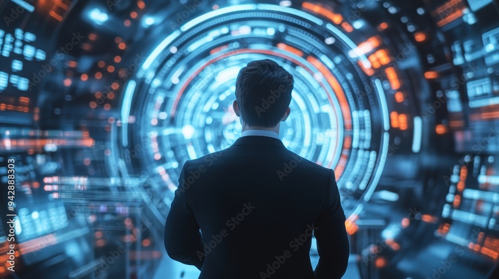 A professional man gazes at a futuristic digital interface, embodying technology and innovation in a virtual environment. A professional man gazes at a futuristic digital interface, embodying technology and innovation in a virtual environment.