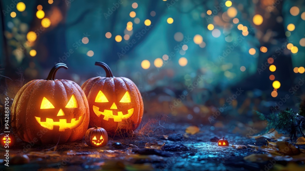 Dark, shadowy woods with glowing pumpkins, perfect for Halloween decor. Dark, shadowy woods with glowing pumpkins, perfect for Halloween decor.