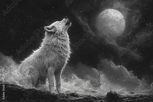 Halloween scene featuring a white wolf howling at the moon, perfect for spooky decor and themed events, with copy space.