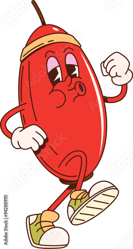 Retro groovy barberry berry character jogging. Isolated cartoon vector energetic, sporty fruit personage in sneakers, headband and gloves, running, showcasing its love for sports and physical activity