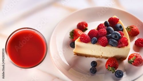 Berry-Topped Cheesecake Slice: A Tempting Dessert with Red Juice on the Side"