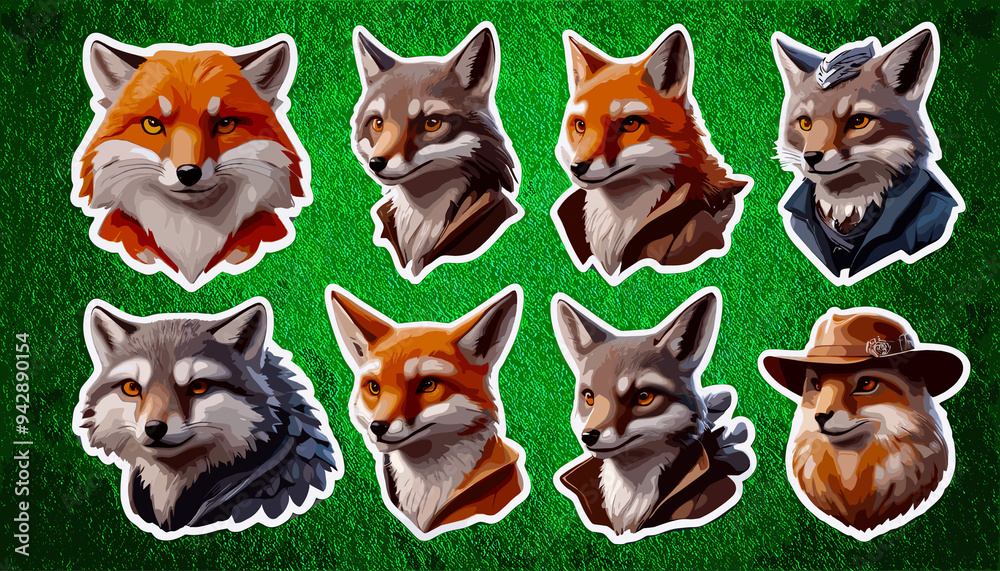 Sticker sheet Foxes 8 Characters on a green glossy background Sticker sheet Foxes 8 Characters on a green glossy background