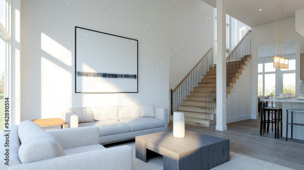 Fototapeta premium a Typical American Living Room with Light Beige Walls, Dark Hardwood Flooring, Modern Furniture