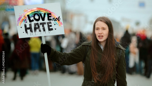 Stop homofobia banner. Same sex love concept. Gay pride parade. Bi female woman hold lgbt protest banner. Human rights poster. Csd fest demonstration. Lesbian girl march wave rainbow lgbtq placard. photo