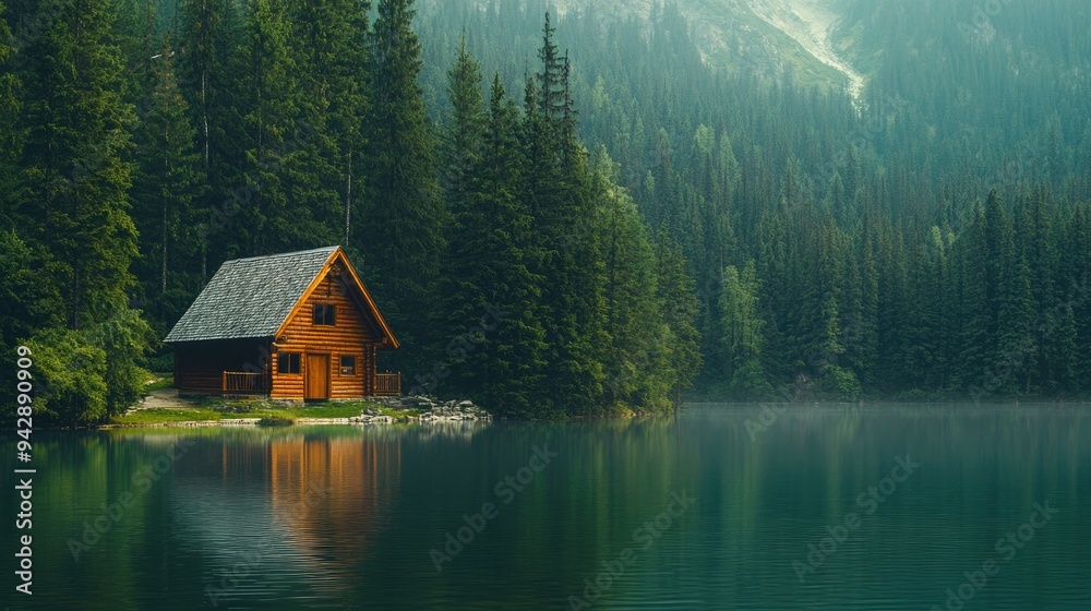 Fototapeta premium A serene view of a mountain cabin by a lake with forested hills in the background, offering space for text. Ideal for travel, adventure, or relaxation themes.