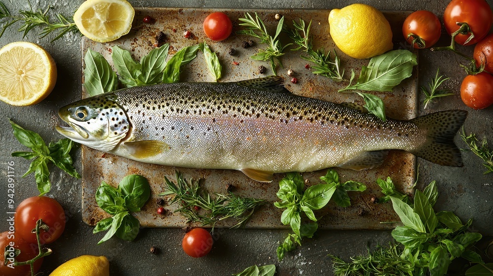 Fresh Rainbow Trout Fish with Herbs and Vegetables Fresh Rainbow Trout Fish with Herbs and Vegetables