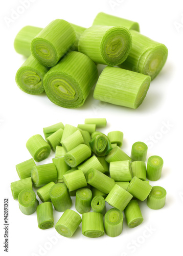 young green garlic leaves isolated on white background