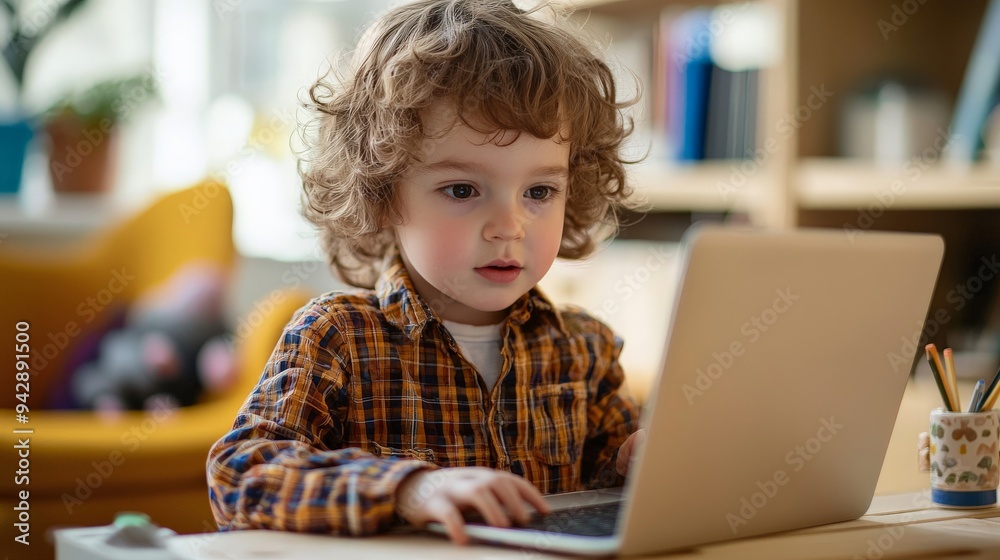 A child imitating an office worker, typing on a toy laptop at a miniature desk A child imitating an office worker, typing on a toy laptop at a miniature desk