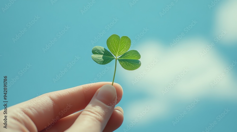 Woman holding green four leaf clover in hand and cloud blue sky background,Patricks day watercolor clipart,Spring flower pattern,Many shamrock plants,the Irish happy background,space for text. Woman holding green four leaf clover in hand and cloud blue sky background,Patricks day watercolor clipart,Spring flower pattern,Many shamrock plants,the Irish happy background,space for text.