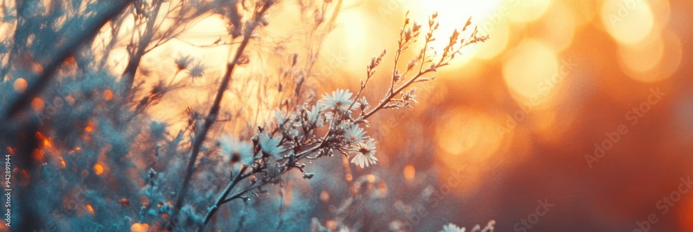 Fototapeta Daisies in meadow at sunset, macro shot of natural landscape with copy space
