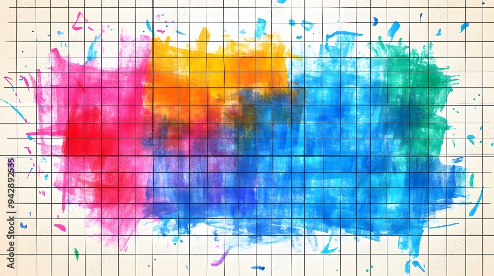 A colorful painting with a grid pattern. The colors are bright and vibrant, and the grid pattern adds a sense of structure and order to the piece A colorful painting with a grid pattern. The colors are bright and vibrant, and the grid pattern adds a sense of structure and order to the piece
