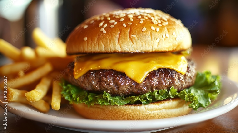 A delicious cheeseburger with lettuce and a side of fries on a plate, showcasing a classic fast food meal. A delicious cheeseburger with lettuce and a side of fries on a plate, showcasing a classic fast food meal.