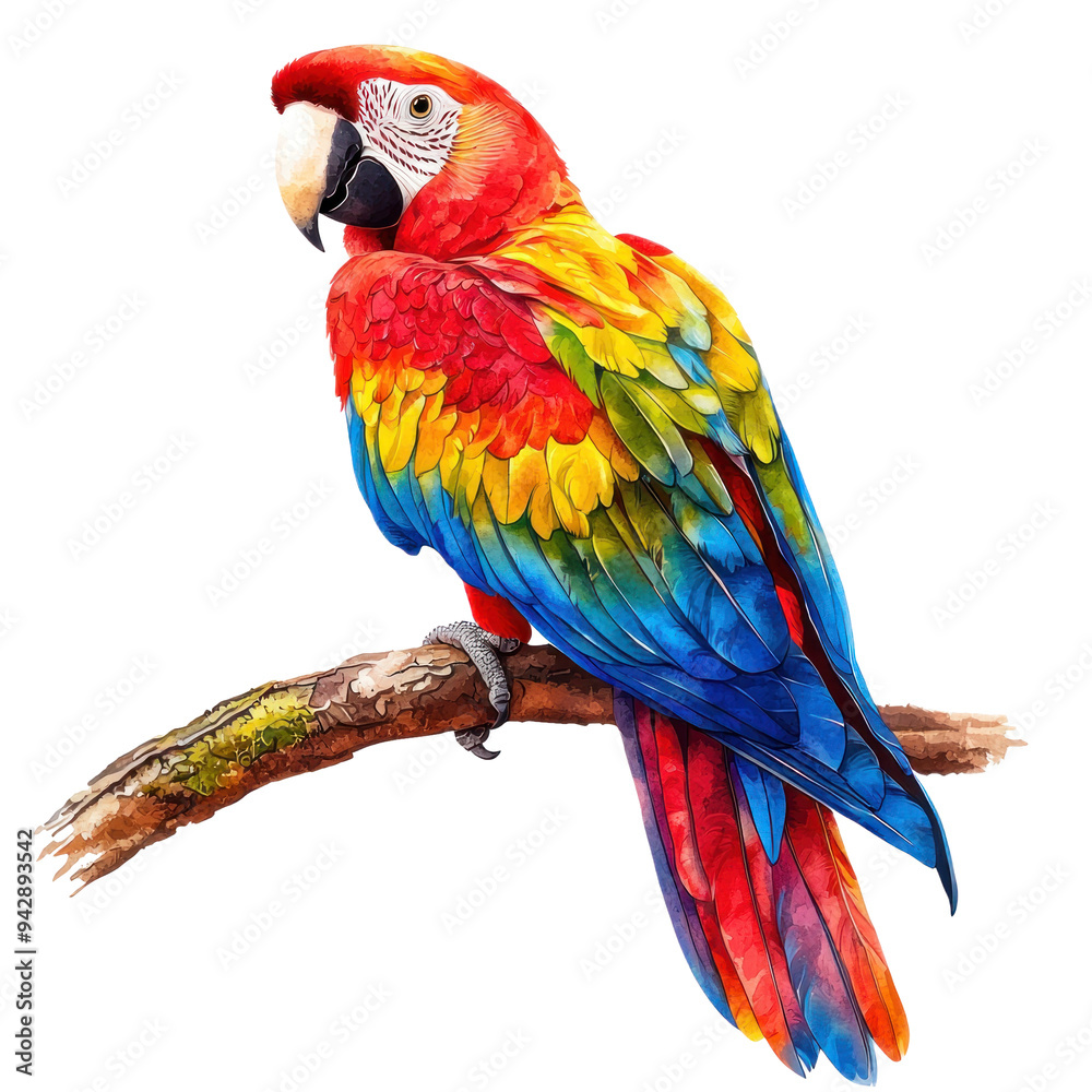 Fototapeta premium A realistic high-resolution photo of a vibrant parrot perched on a branch, depicted in watercolor clipart style. The parrot's feathers are illustrated with a range of bright colors, creating a vivid