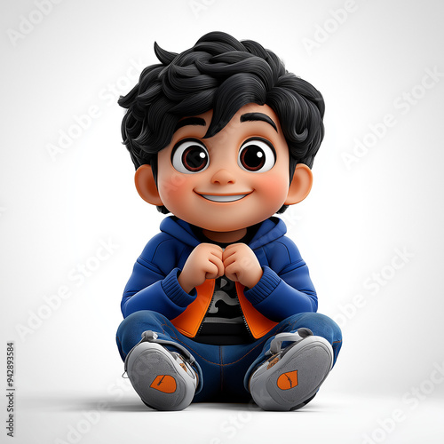 A cartoon child sitting with knees pulled up, hugging legs, with studio lighting, rendered in Blender. Created using Cinema 4D