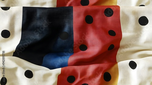 A colorful piece of cloth with black dots on it. The cloth is made up of different colors and has a unique design